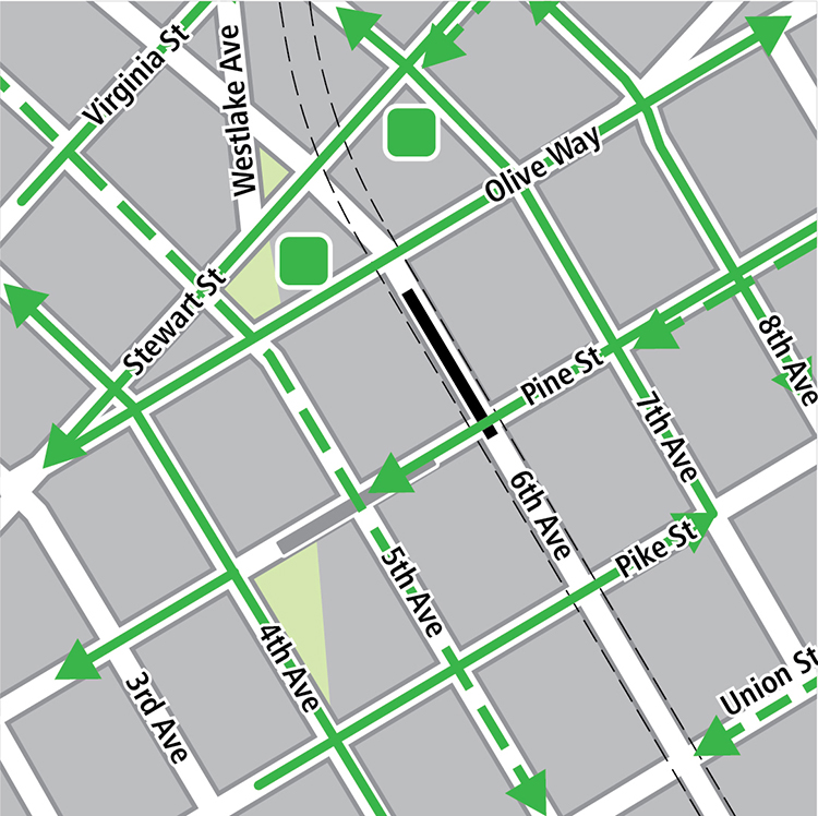 Map with boundaries of Virginia Street to the north, Union Street to the south, Eighth Avenue to the east, and Third Avenue to the west. Tunnel station location is under Sixth Avenue between Olive Way and Pike Street. Bike storage is located between Olive Way and Stewart Street, and on the southwest corner of Stewart Street and Seventh Avenue.  Existing bike lines run on eastbound on Pike Street, westbound on Pine Street, westbound on Olive Way, southwest bound on Stewart Street, northbound on Eighth Avenue, and northbound on Seventh Avenue. Planned bike lanes run westbound on Union Street, and southbound on Fifth Avenue.